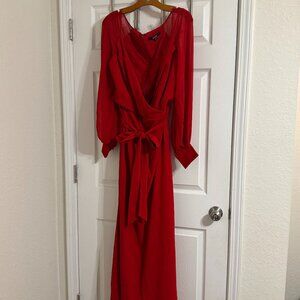 Badgley Mischka Red Chiffon Faux Wrap Long Sleeve Gown Size 18 Formal